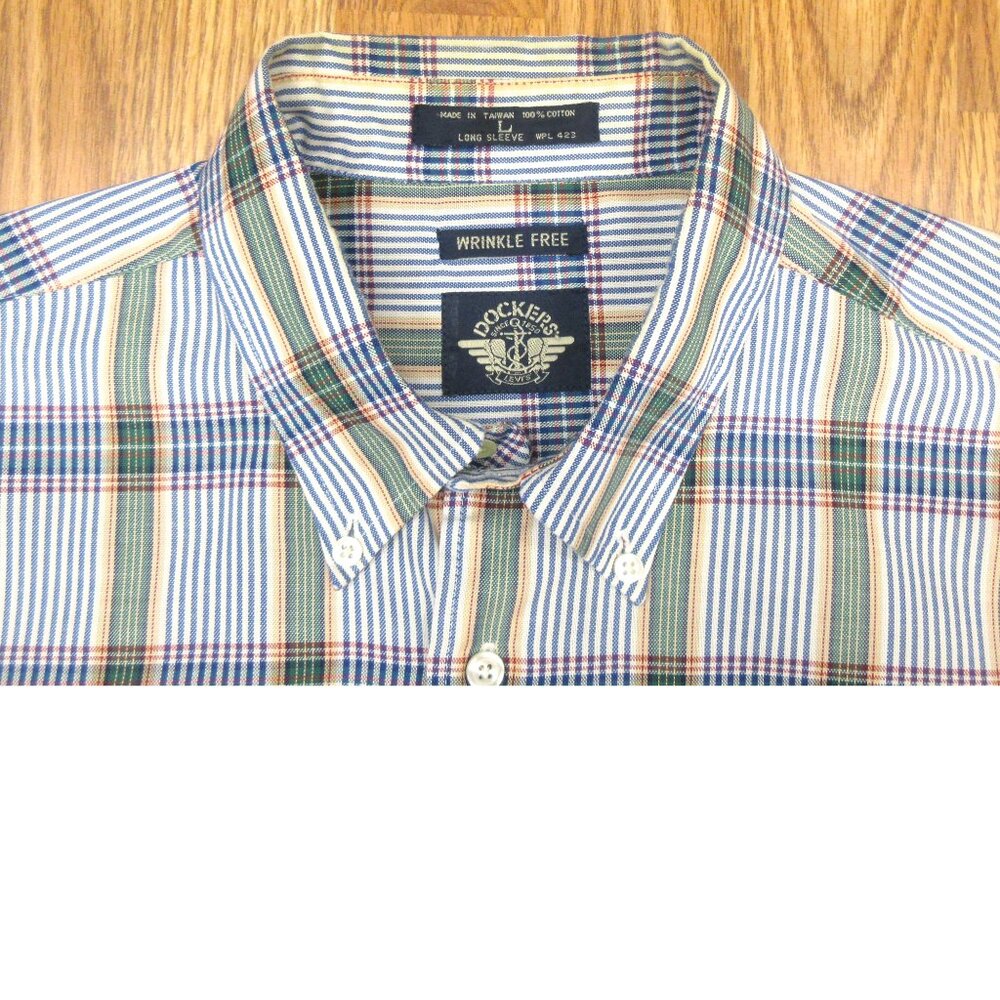VTG 1995 DOCKERS REGULAR FIT 100% COTTON SHIRT WHITE, GREEN, NAVY & RED LARGE, L